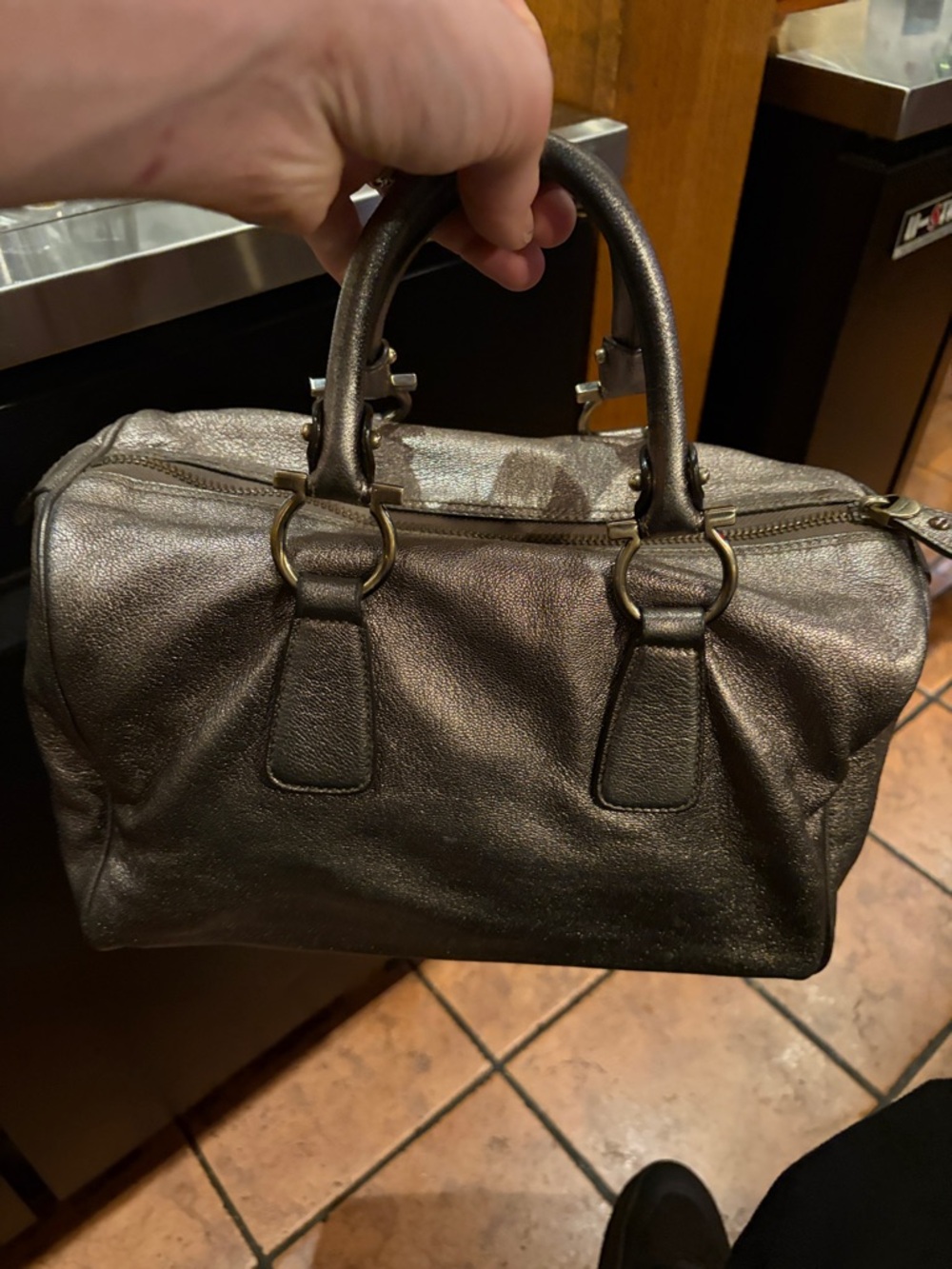 Metallic Gunmetal floppy boston FERRAGAMO Handbag